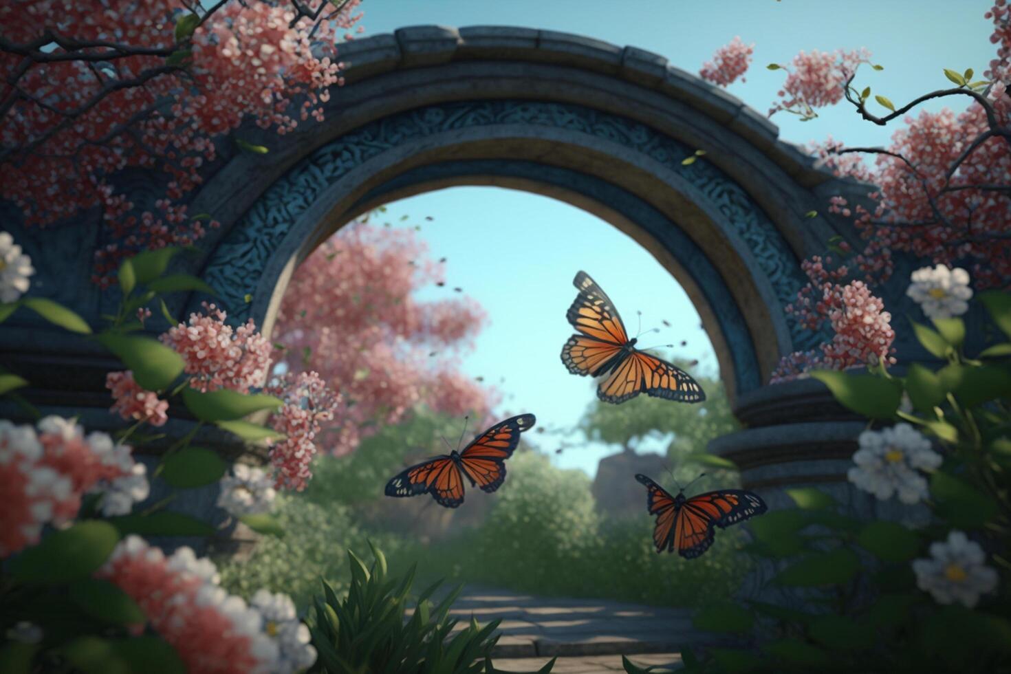 verzaubert Chinesisch Garten mit Schmetterling Brücke, Wasser und Blumen, märchenhaft ai generiert foto