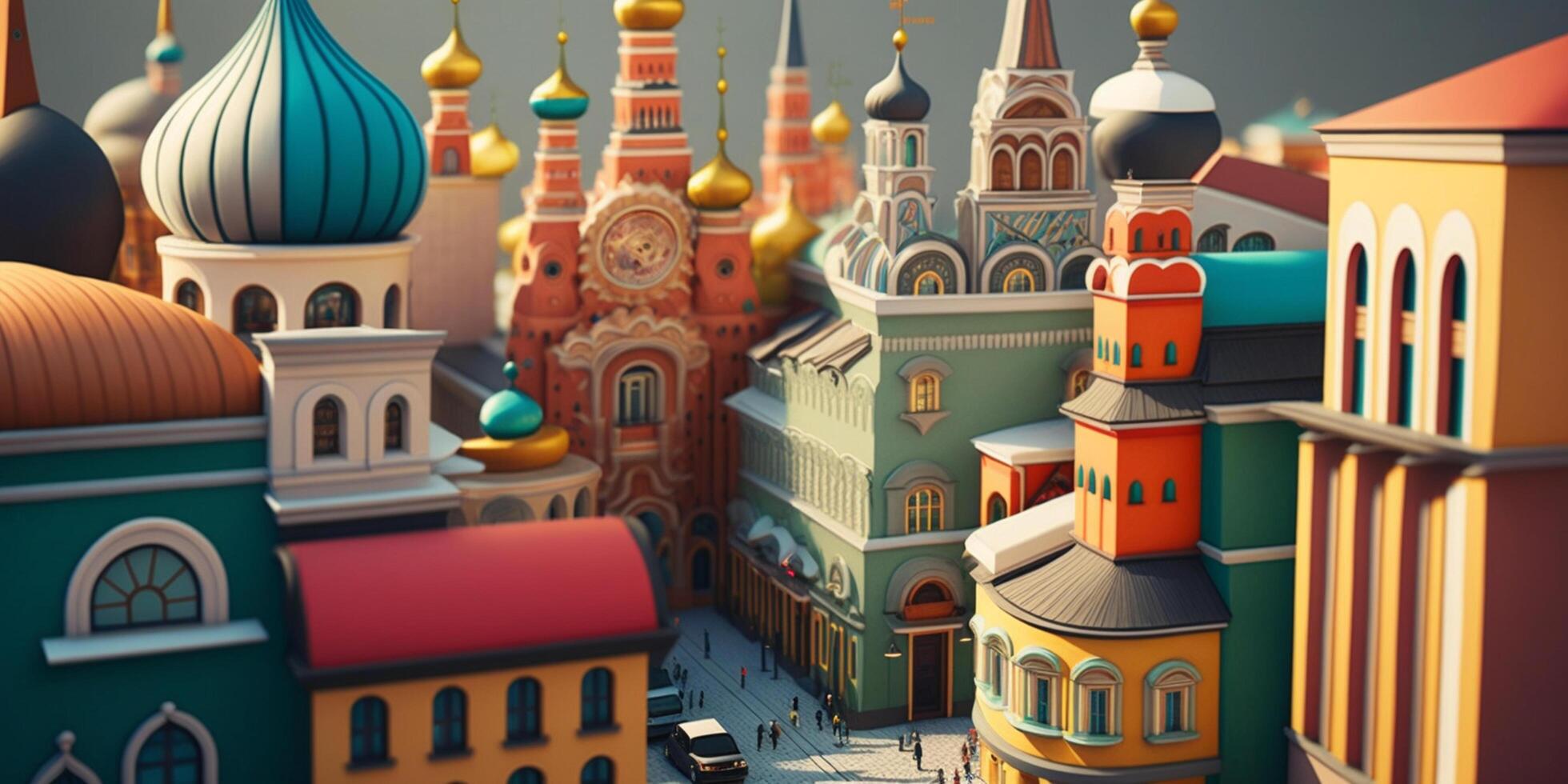 bunt Cartoon-Stil Russisch Stadt, Dorf mit gemütlich Häuser und zwiebelförmig Türme ai generiert foto