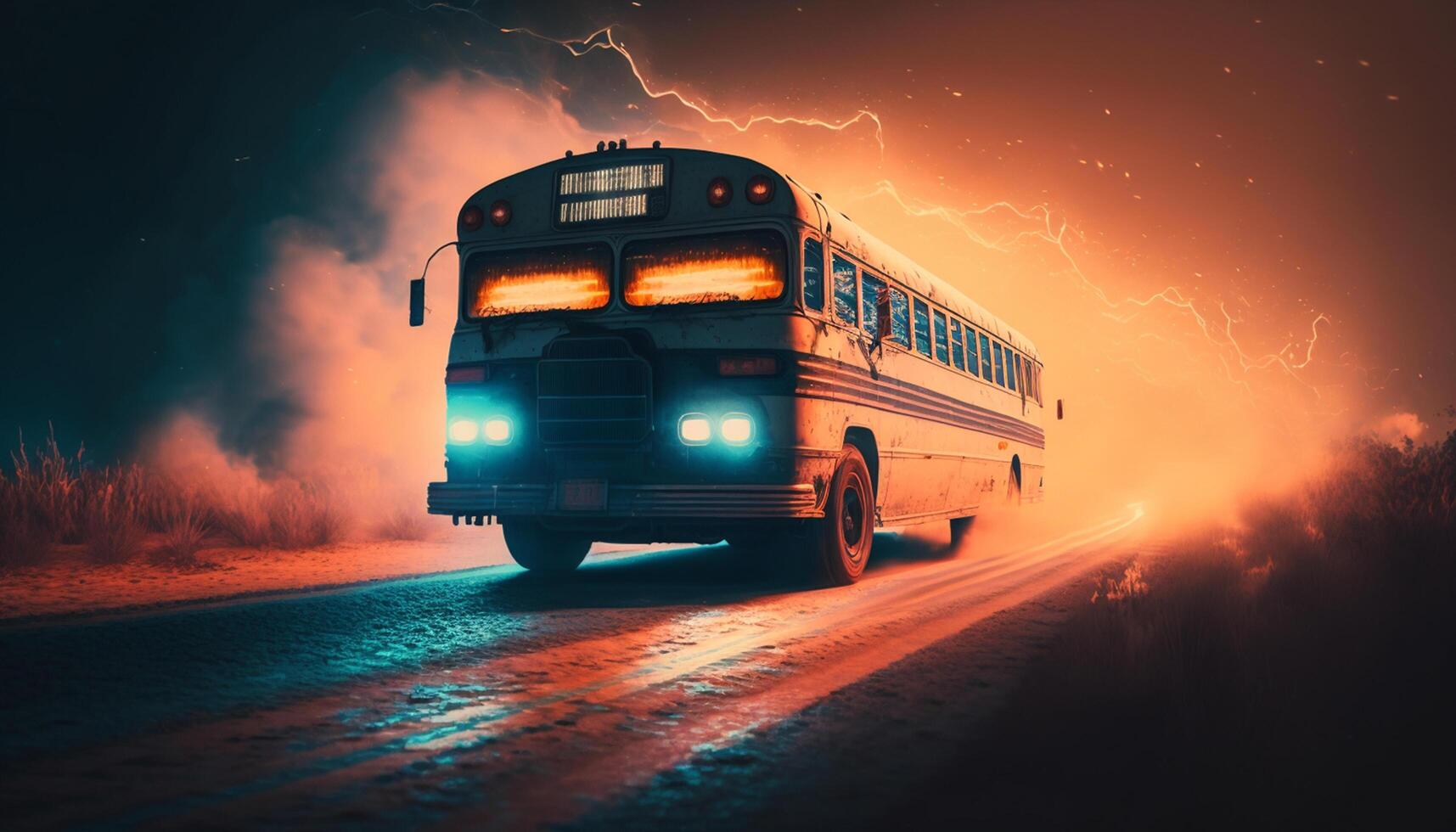 Reiten in das Nacht 80er Jahre Schule Bus auf ein staubig Neon- Straße ai generiert foto