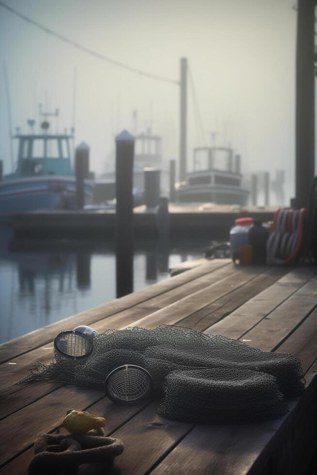 neblig Morgen auf das Seebrücke Angeln Ausrüstung und Boote ai generiert foto