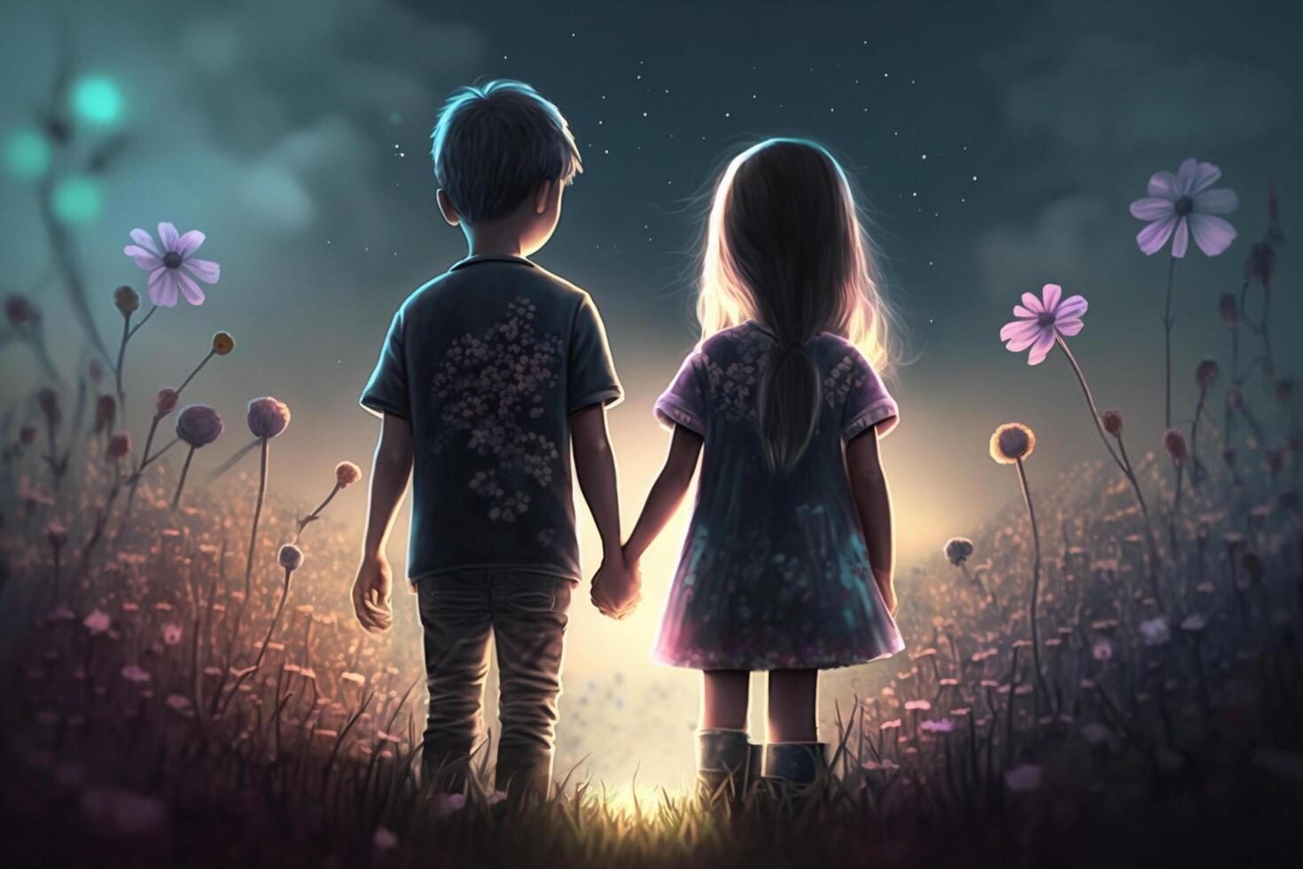 Illustration von ein wenig Junge und Mädchen im ein Fantasie Welt halten Hände von hinter ai generiert ai generiert foto