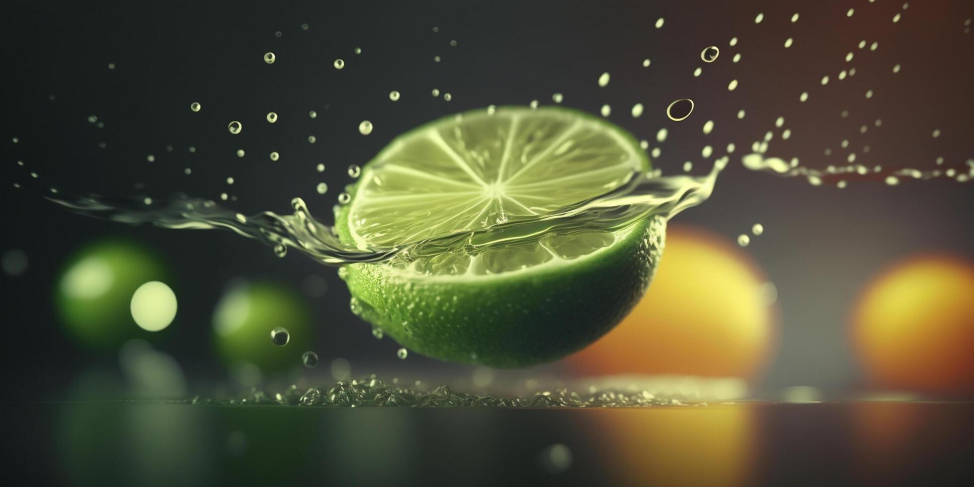 erfrischend Limette Wasser Spritzen mit Bokeh Wirkung, ai Illustration ai generiert foto