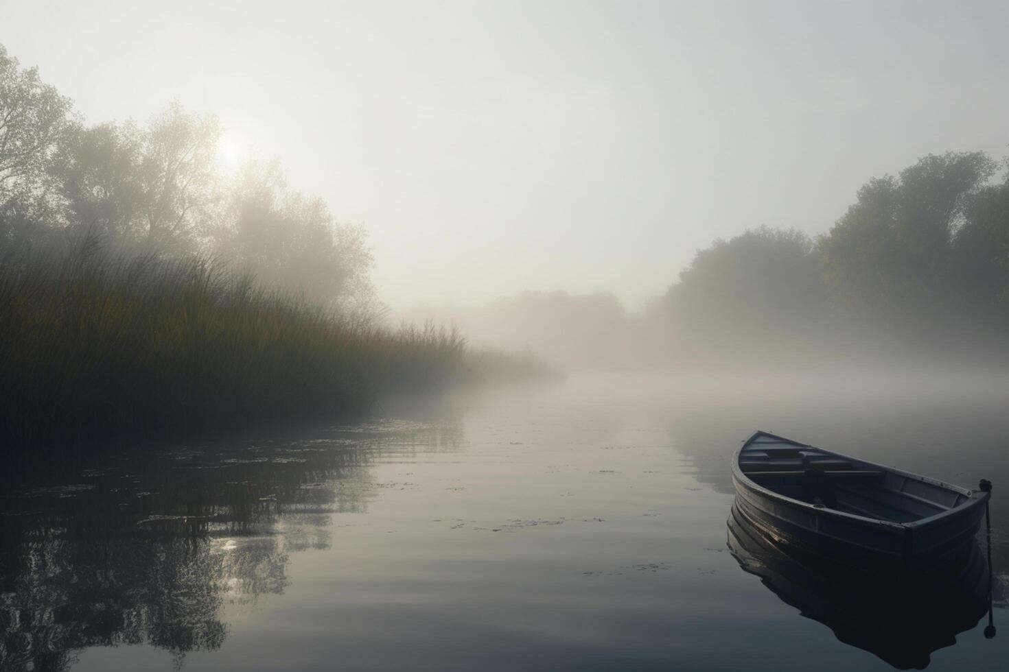 heiter Einsamkeit ein einsam Ruderboot auf ein neblig Morgen See ai generiert foto