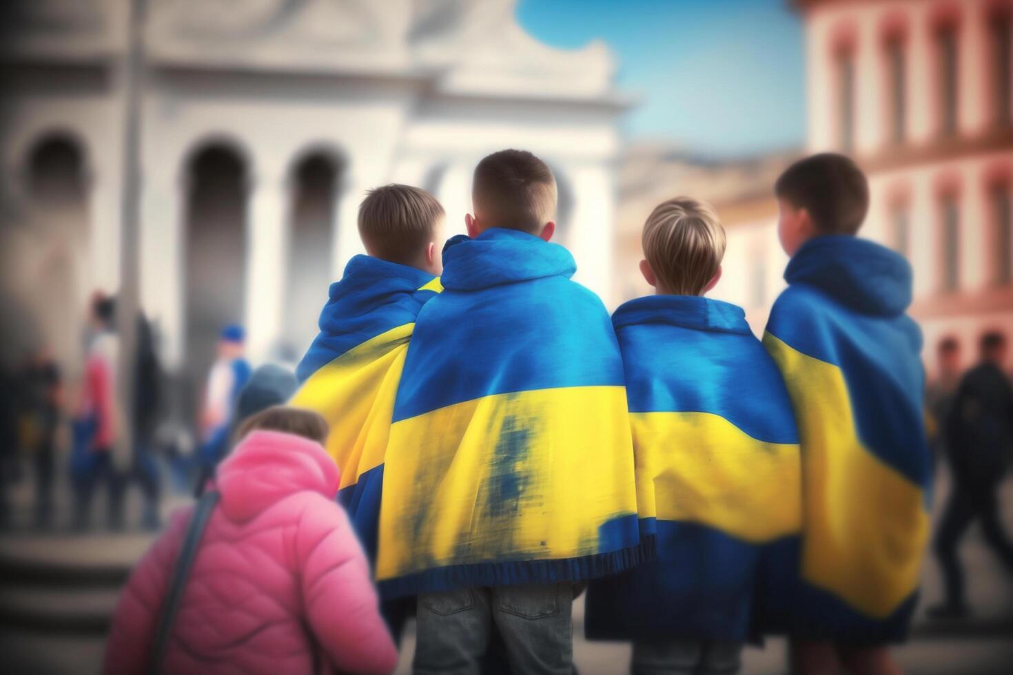 ukrainisch Fahnenschwingend Kinder beim Öffentlichkeit Quadrate ein Symbol von Freiheit ai generiert foto