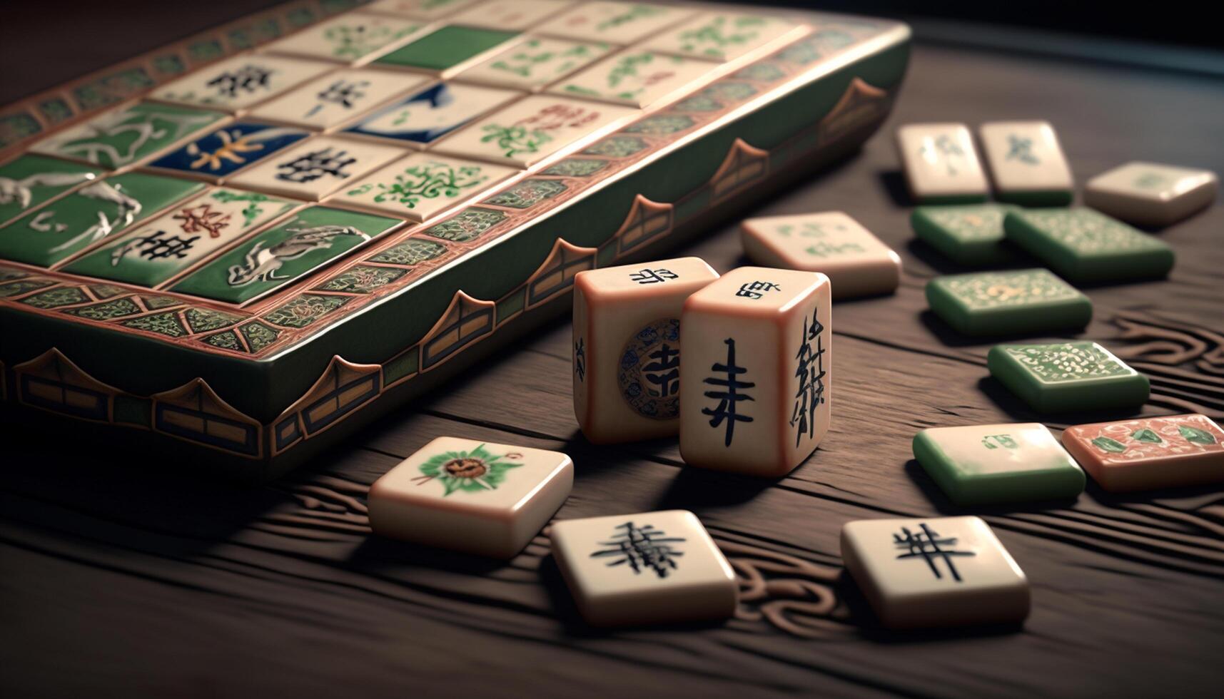 bunt Chinesisch Mahjong einstellen mit Fliesen, Würfel und Zähler auf Tabelle ai generiert foto