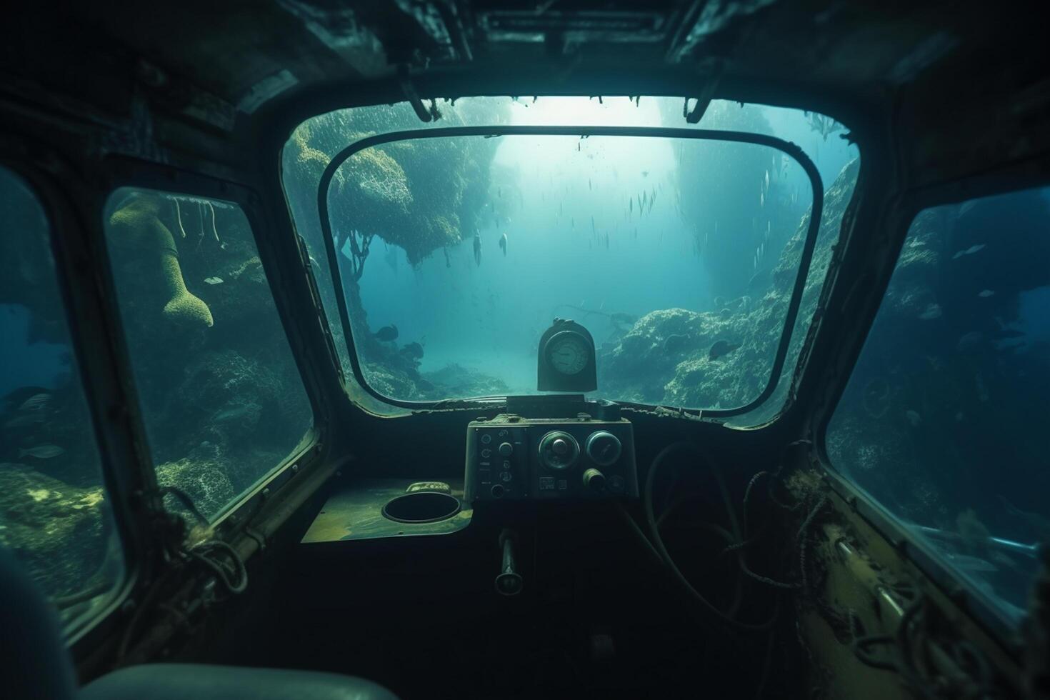 untergetaucht Aussicht von U-Boot Steuerung Kapsel von das unter Wasser Meer ai generiert foto