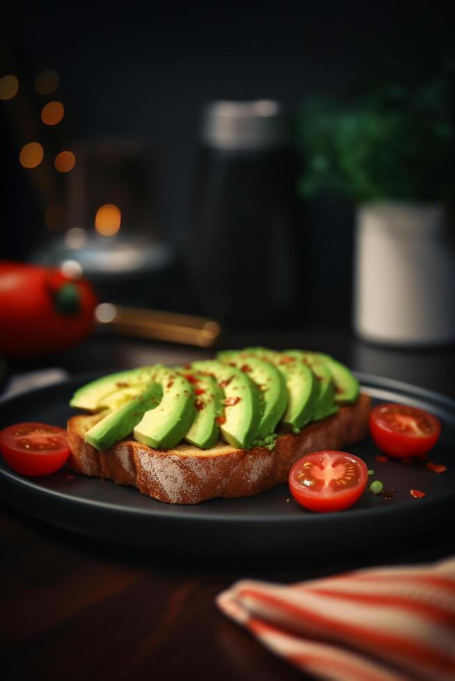 Avocado und Tomate Toast mit frisch Kräuter und Gewürze ai generiert foto