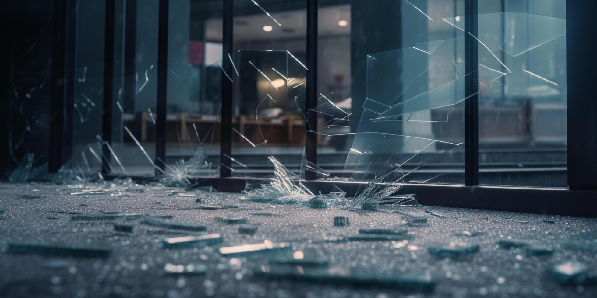 verwüsten Nachwirkungen von ein Bank Lauf zerschlagen Glas und Trümmer auf das leeren Straße ai generiert foto