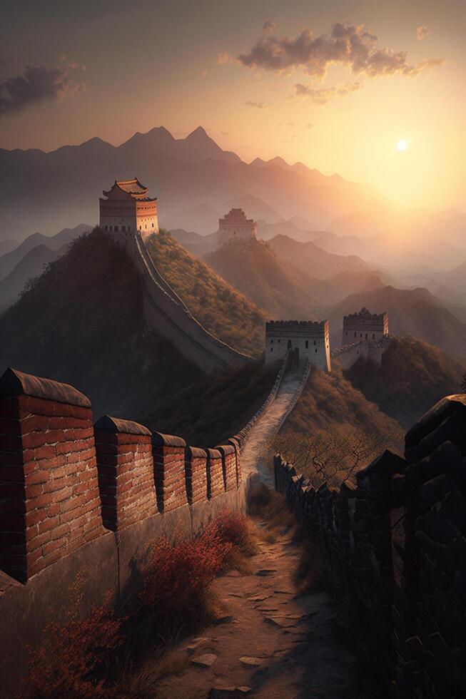 heiter Sonnenuntergang Über das Chinesisch Mauer mit majestätisch Aussicht ai generiert foto
