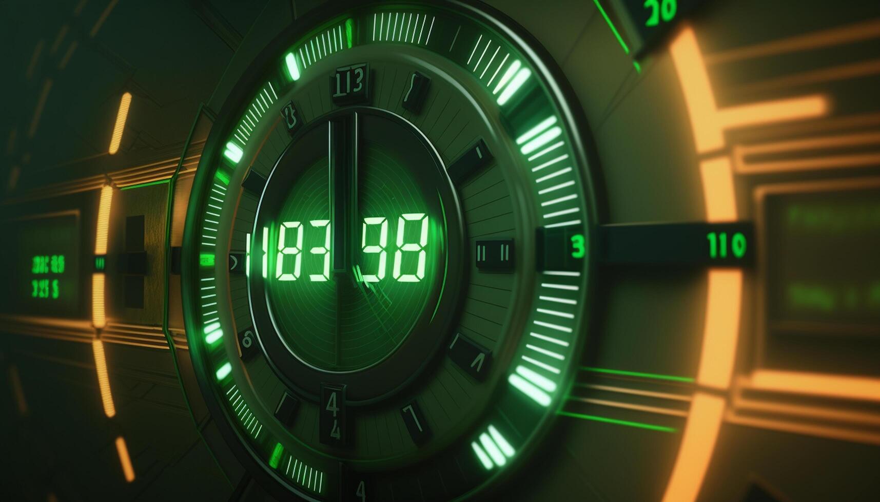 Chronometer von das Zukunft Außerirdischer Symbole auf Digital Anzeige von Zeit Kapsel während Zeit Reise ai generiert foto