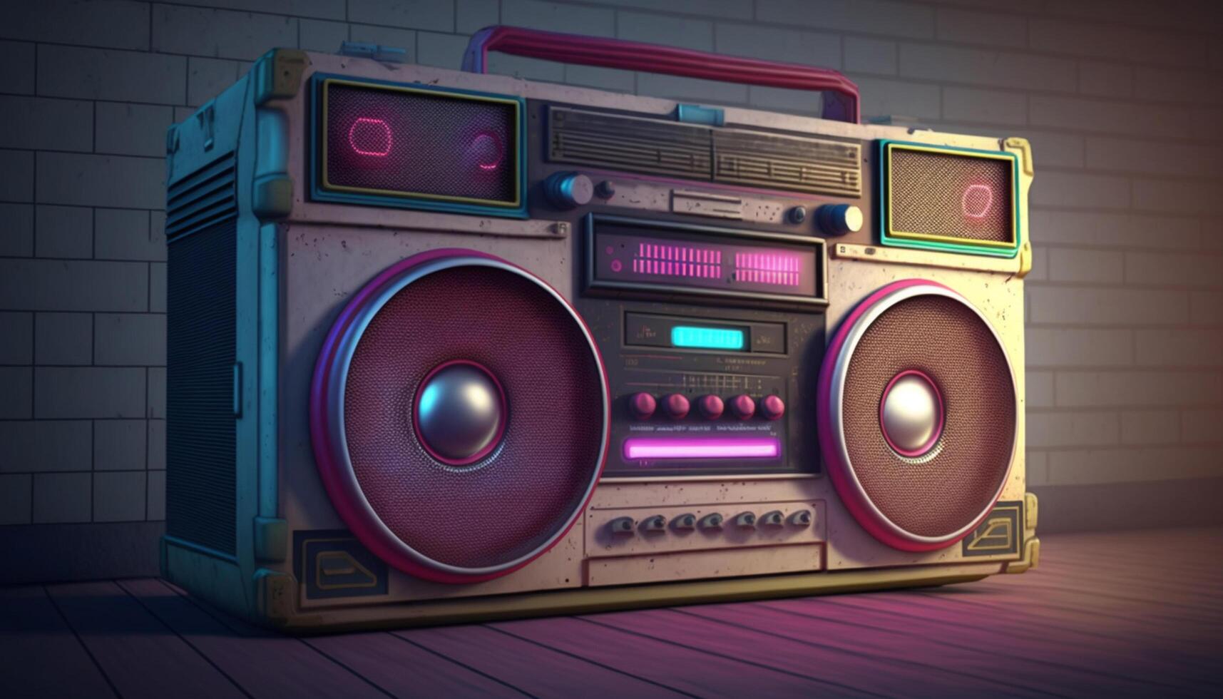 sprengen von das Vergangenheit 80er Jahre Ghetto Blaster im Neon- Farben ai generiert foto