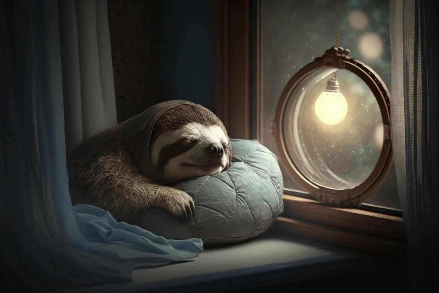 glücklich und müde Faultier schläft im ein Bett mit Kissen Fenster und Mond ai generiert foto