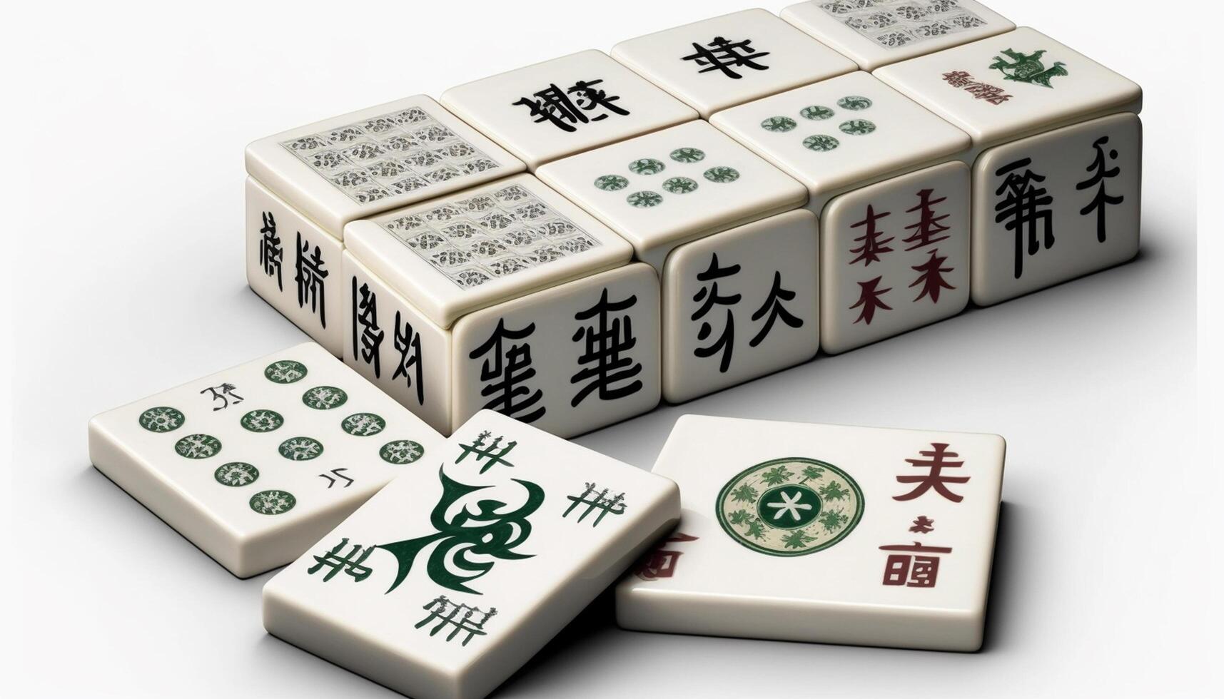 isoliert Chinesisch Mahjong Spiel einstellen auf Weiß Hintergrund mit Bambus Fliesen und Würfel ai generiert foto