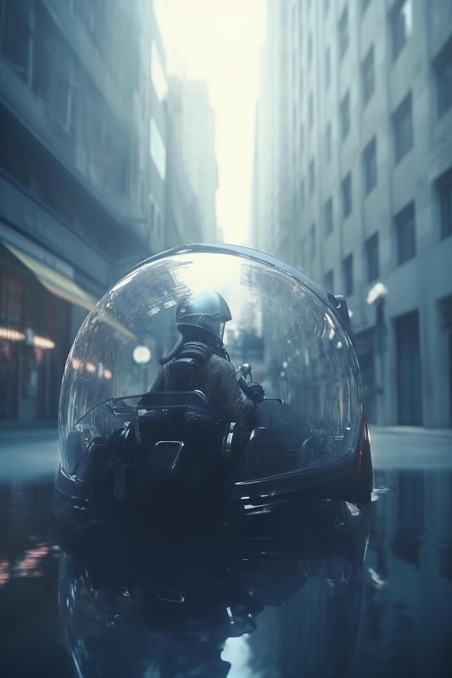 ein Mann U-Boot mit Glas Kapsel taucht auf im futuristisch Stadtbild, Blau Töne ai generiert foto