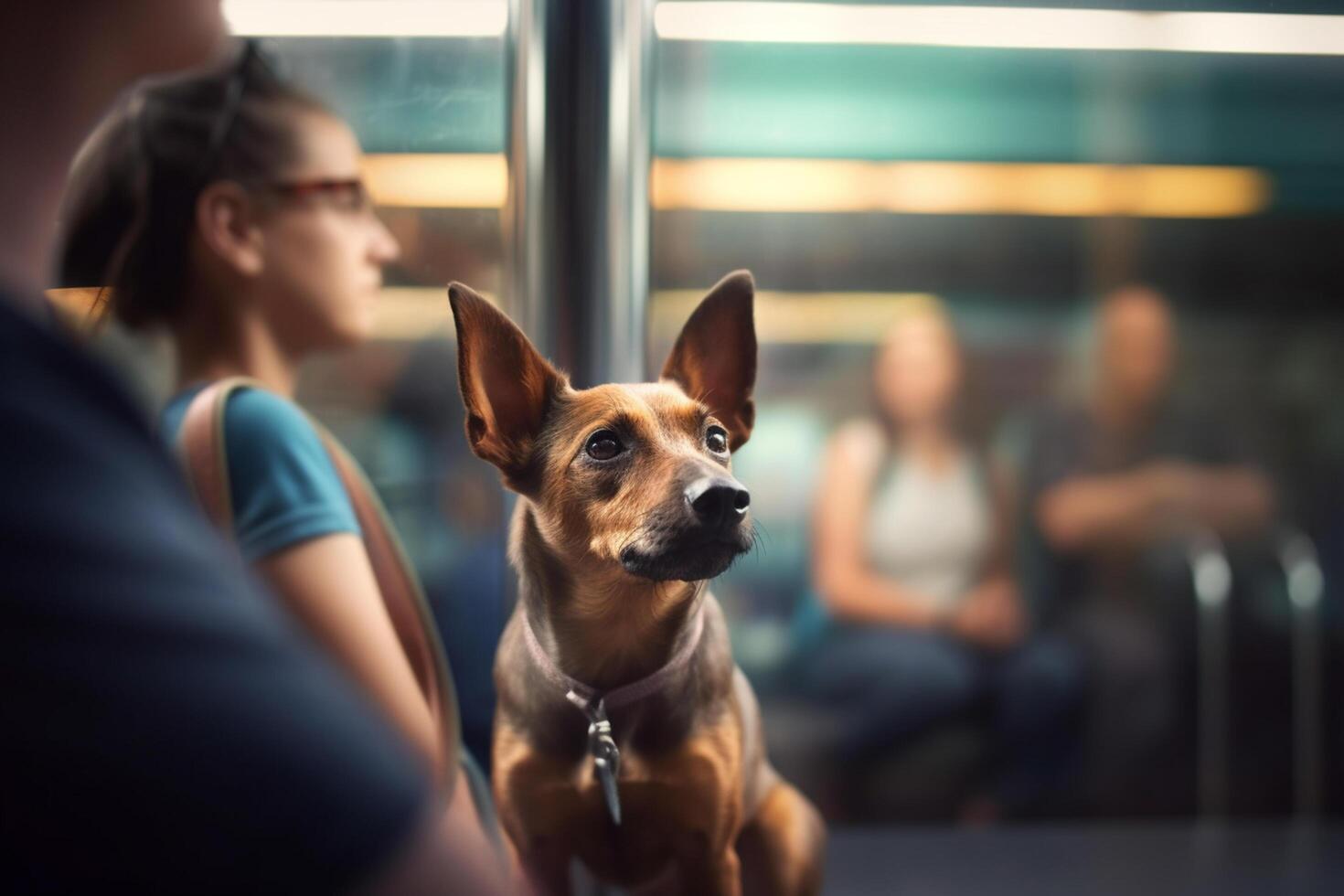 geduldig Hündchen warten Abfahrt im U-Bahn Bahnhof ai generiert foto