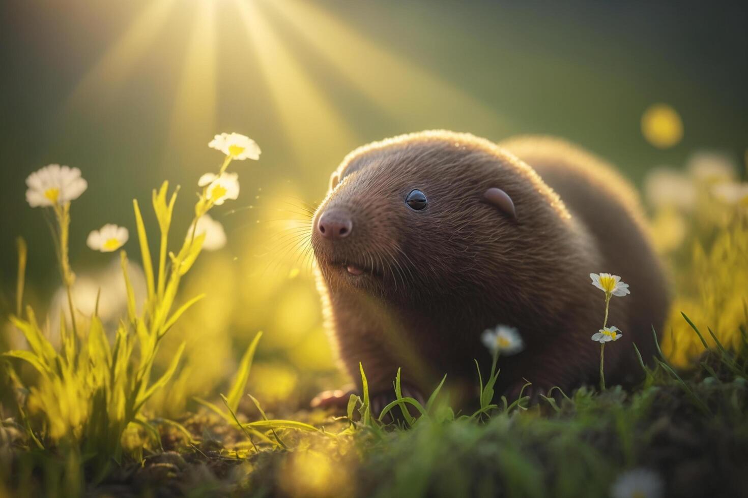 Illustration von süß Maulwurf auf ein Grün Wiese im Frühling ai generiert foto