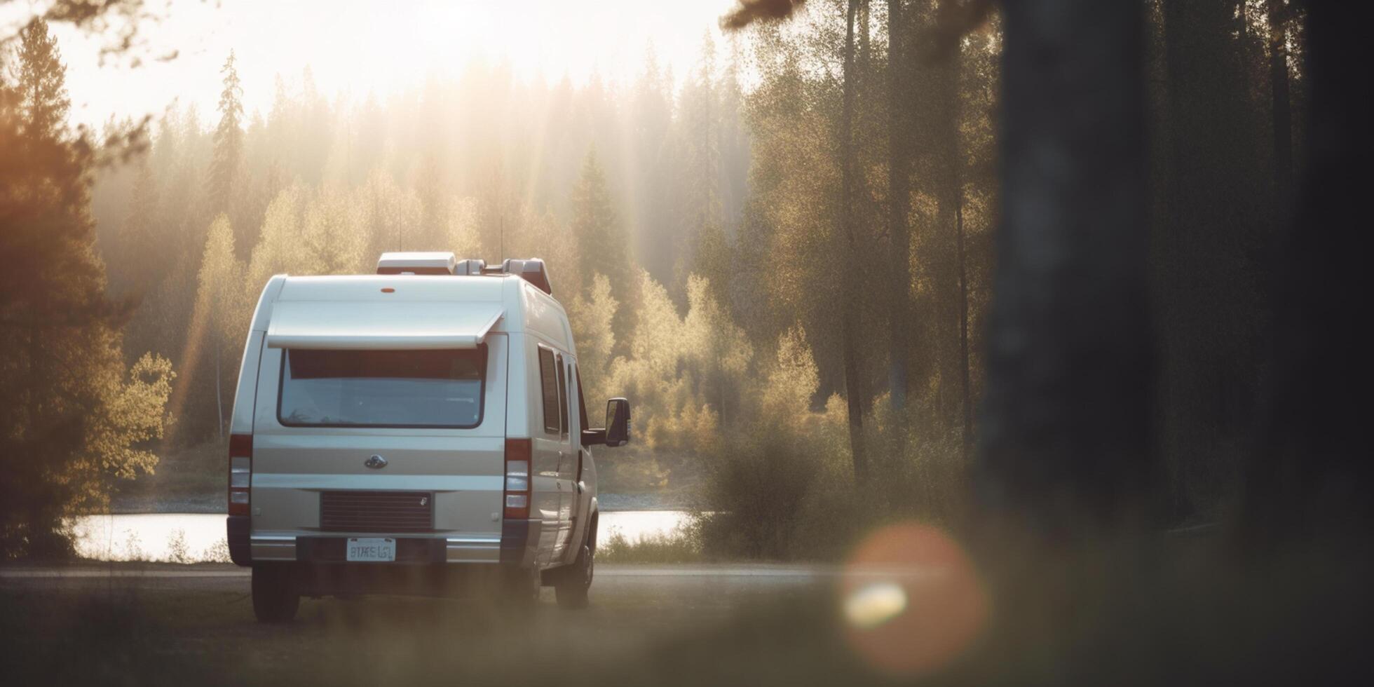 auf das Straße mit unser Wohnmobil van ein sonnig Reise durch Grün Wälder ai generiert foto