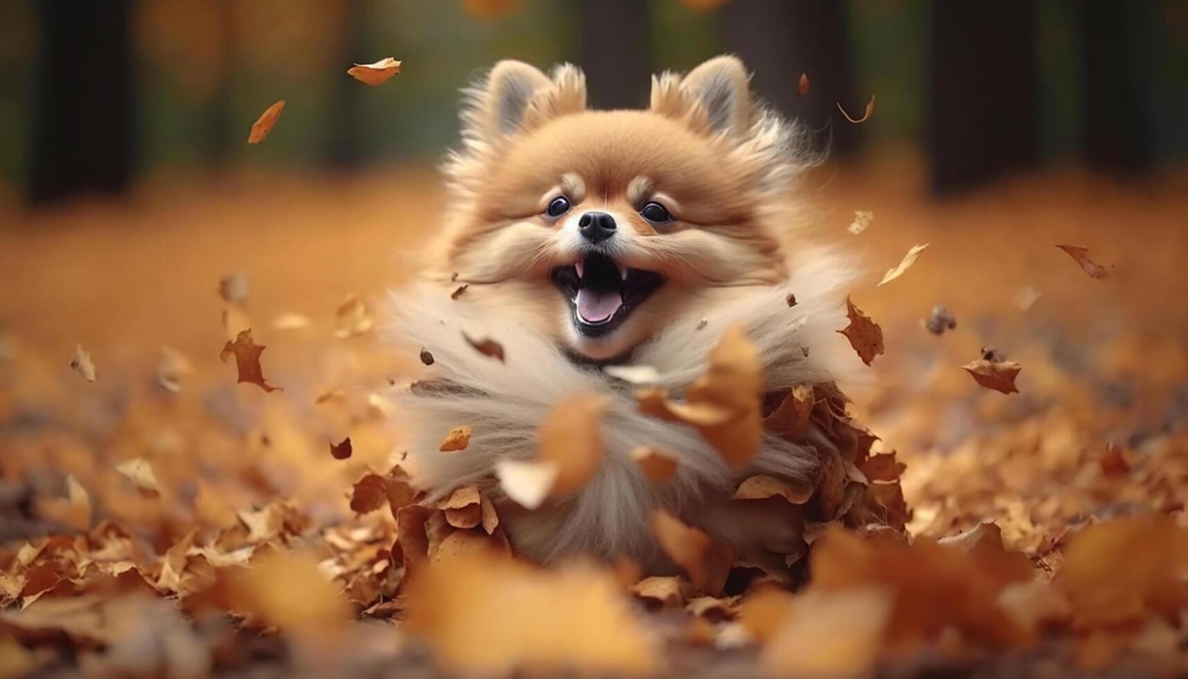 süß pommerschen Hund spielen im ein Stapel von Herbst Blätter ai generiert foto