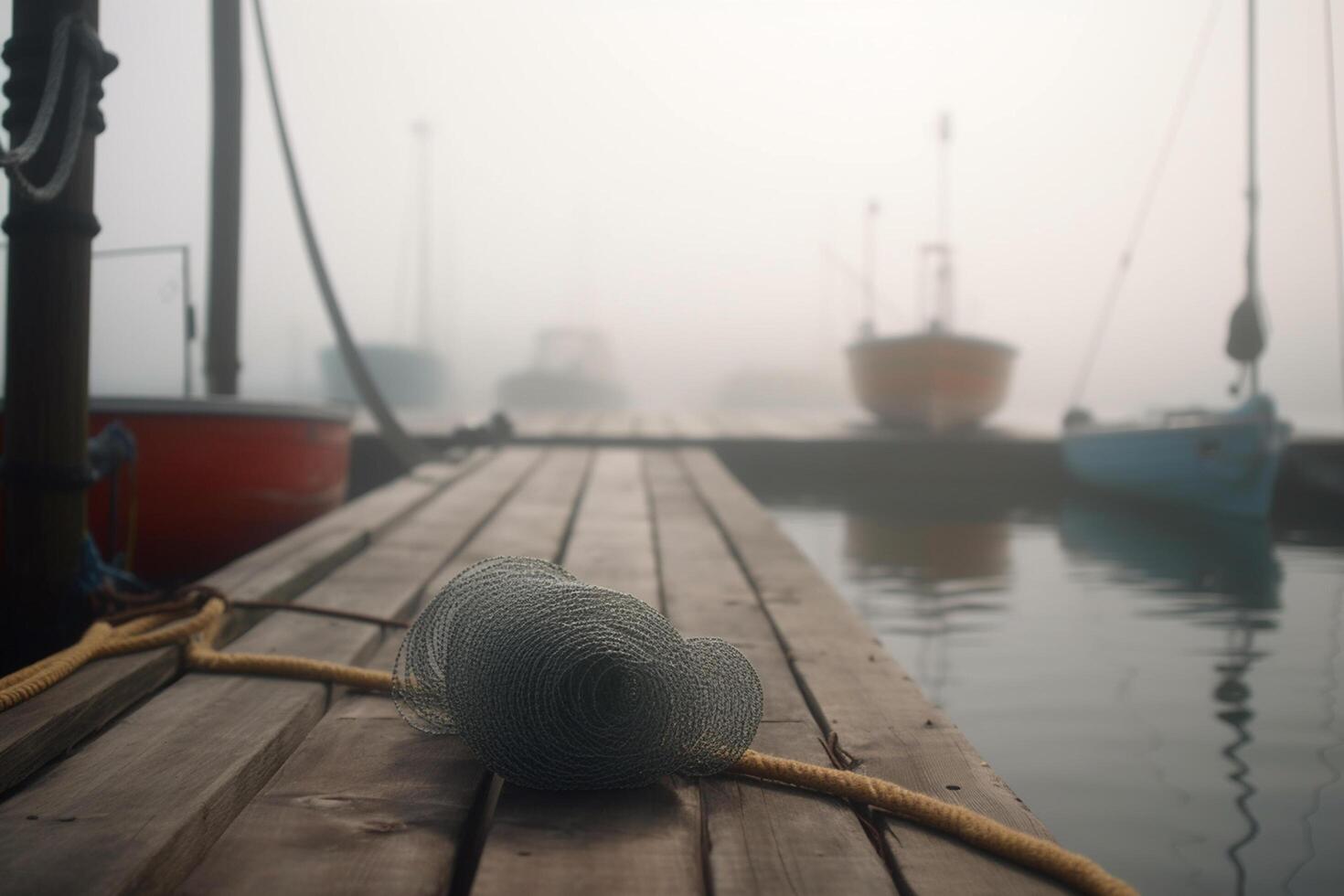 neblig Morgen auf das Seebrücke Angeln Ausrüstung und Boote ai generiert foto