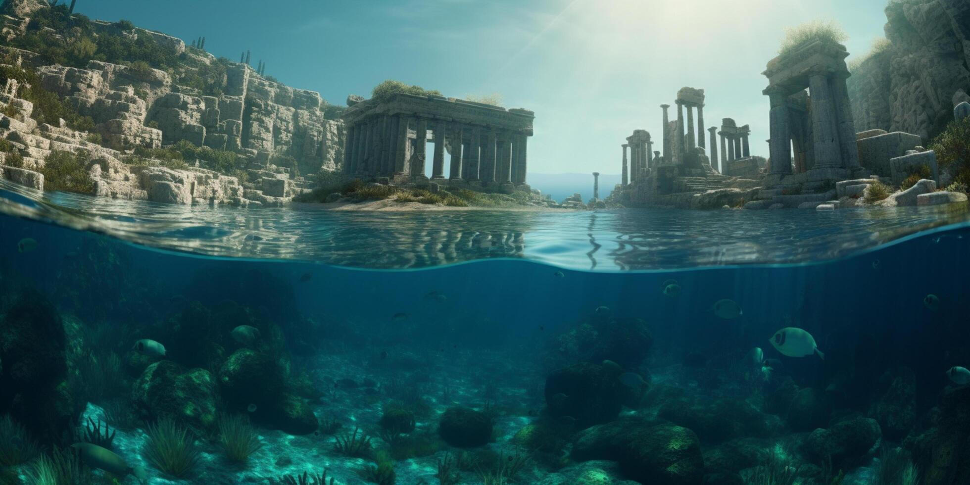 das mystisch versunken Stadt ein halb untergetaucht Aussicht von atlantis im Kristall Blau Wasser ai generiert foto