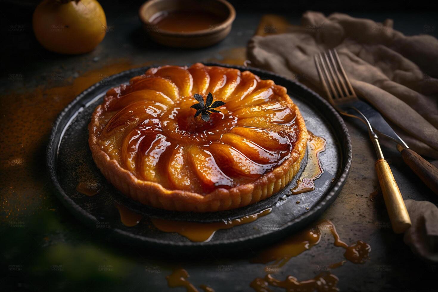 kopfüber Apfel Torte mit butterartig Gebäck ai generiert foto