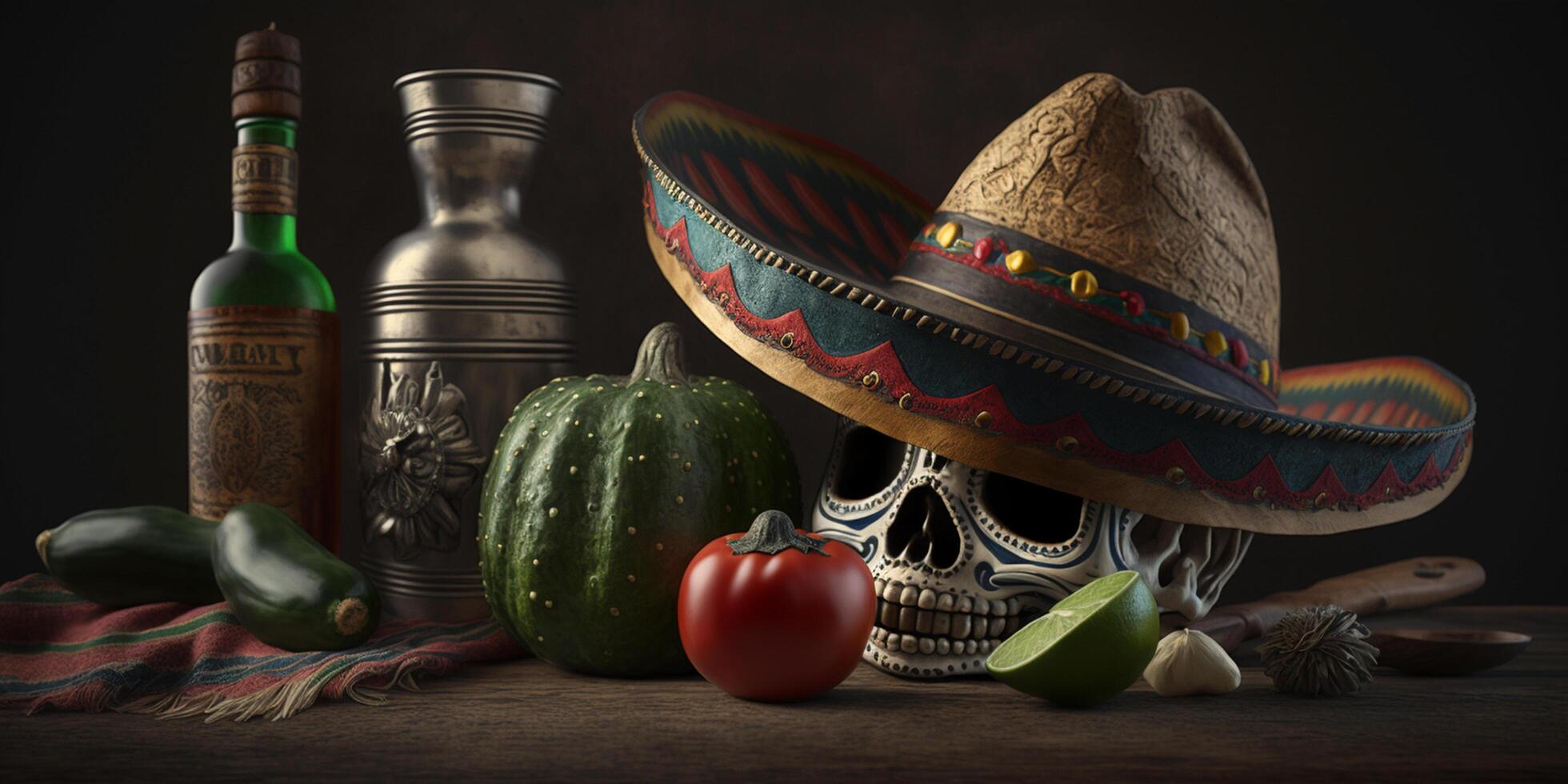 ein cinco de Mayo Mexikaner immer noch Leben mit Bokeh, ein Mexikaner Hut und Kakteen ai generiert foto