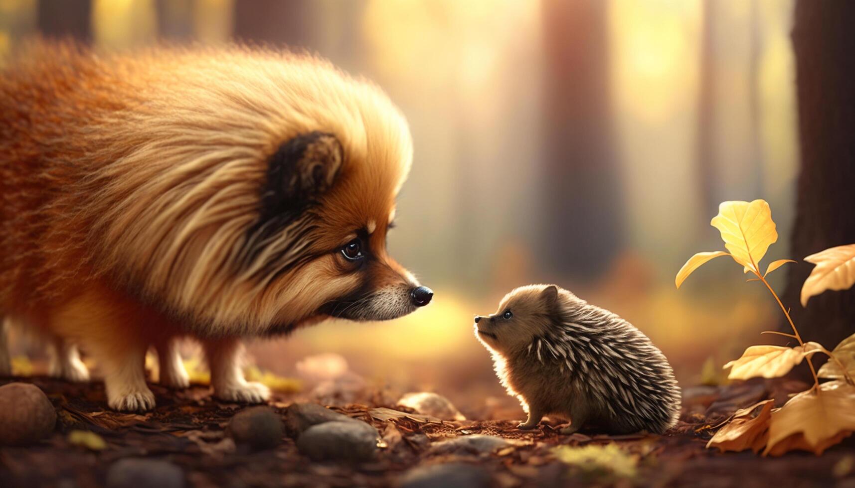 bezaubernd pommerschen Hund und ein wenig Igel schnüffeln jeder andere im Herbst ai generiert foto
