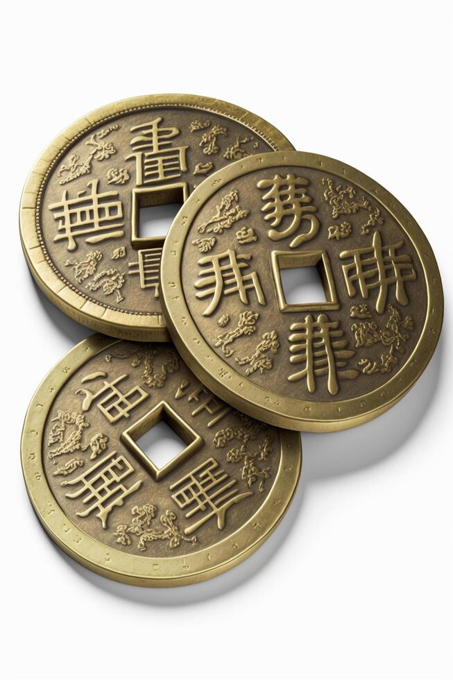 Glücklich Reize Chinesisch Vermögen Münzen isoliert auf Weiß Hintergrund ai generiert foto