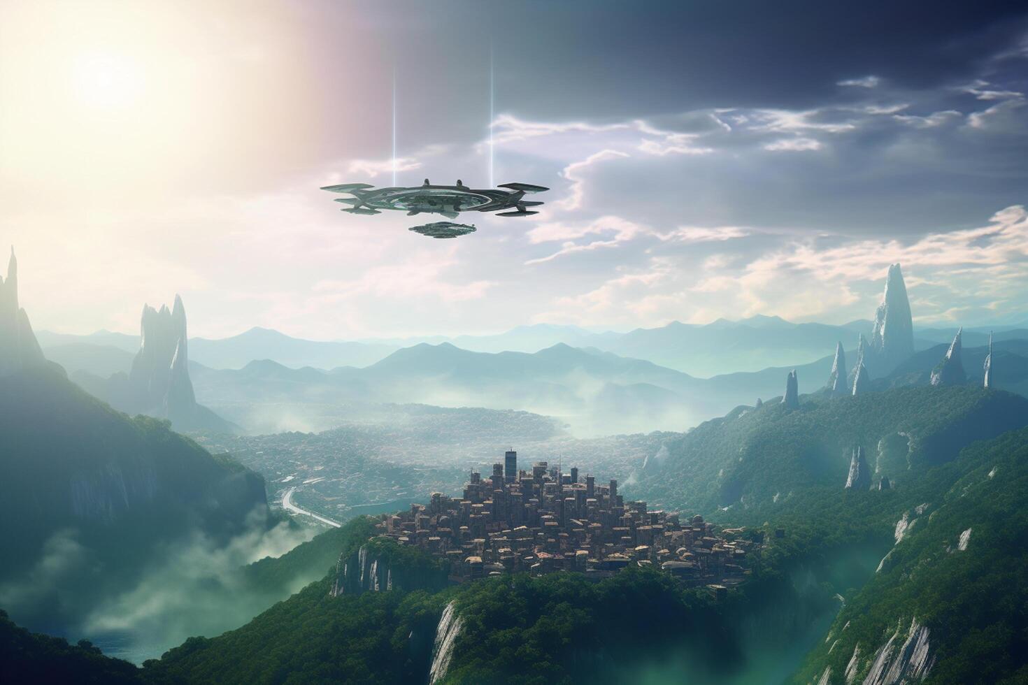 Raumschiff schweben Über futuristisch Stadt eingebettet im Grün Berge ai generiert foto