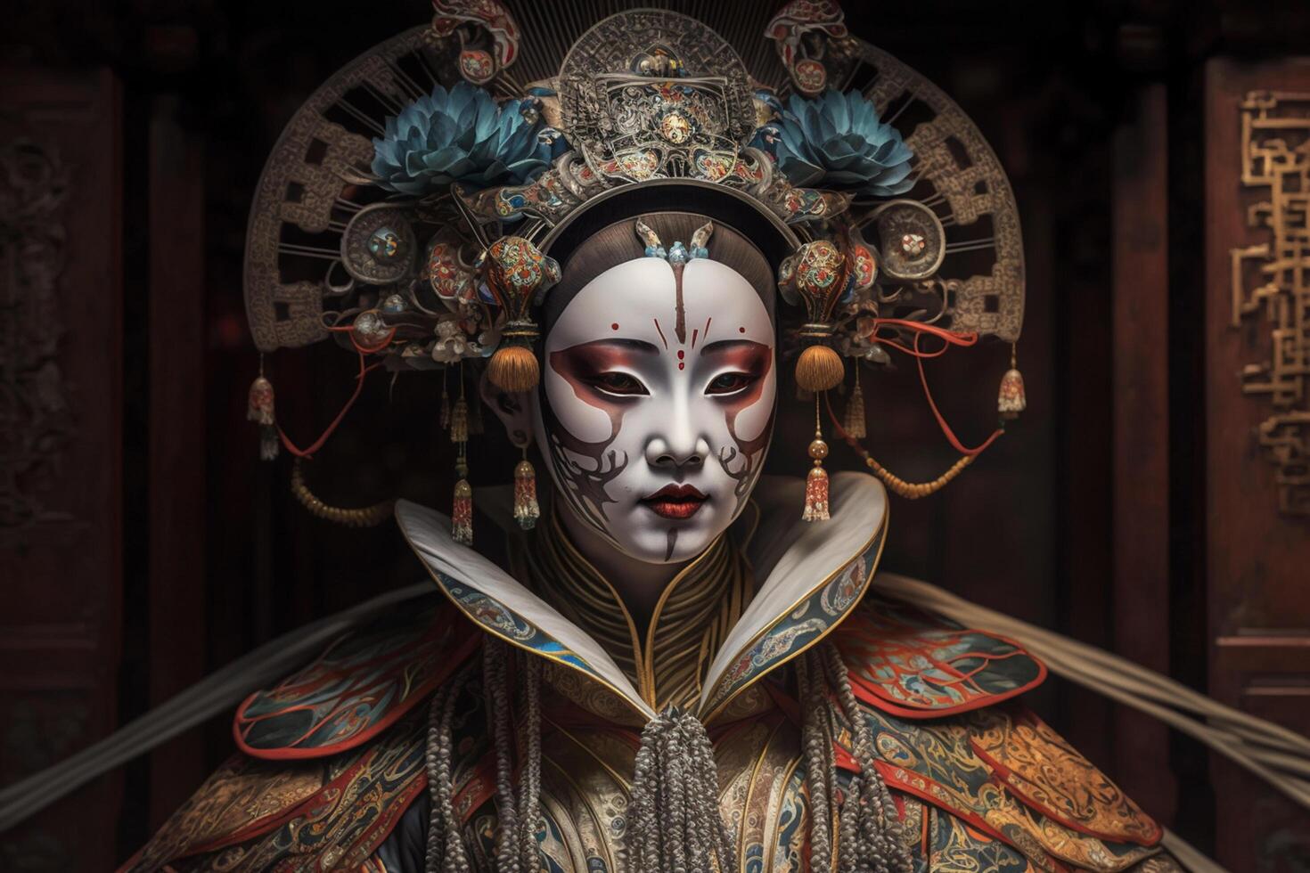 zauberhaft Darstellung von weiblich Künstler im traditionell Chinesisch Oper Maske ai generiert foto