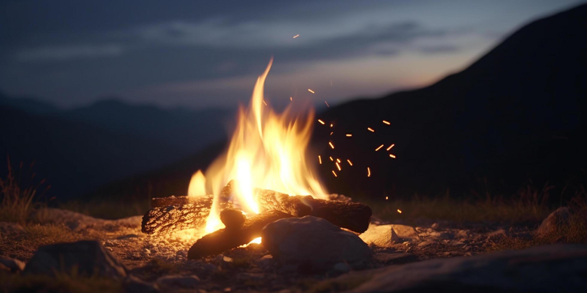 gemütlich Lagerfeuer im das Herz von das Berg Wildnis ai generiert foto