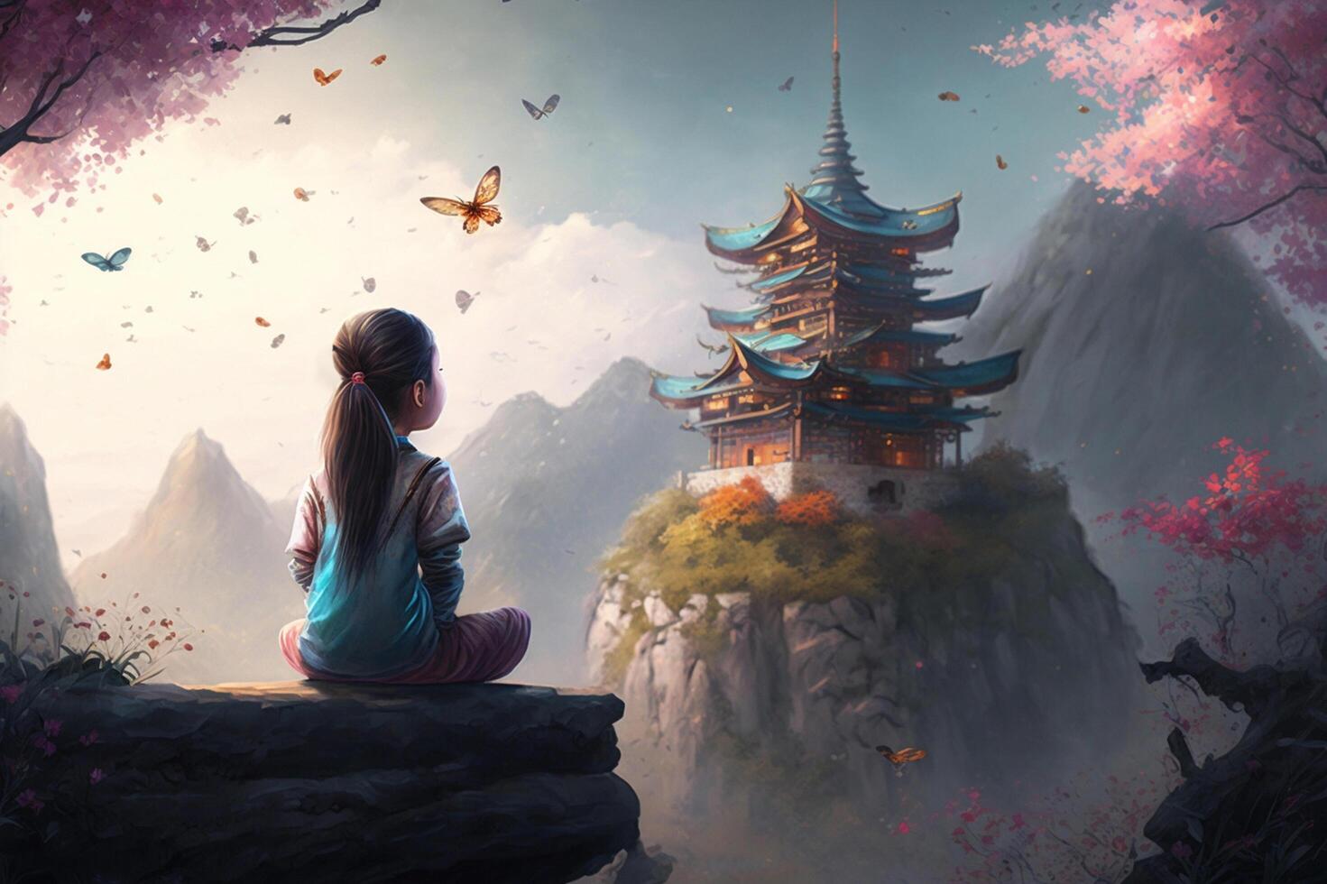 Einsamkeit auf das Gipfel ein wenig Mädchen überlegt ein Chinesisch Pagode Tempel auf ein Märchen Berg ai generiert foto