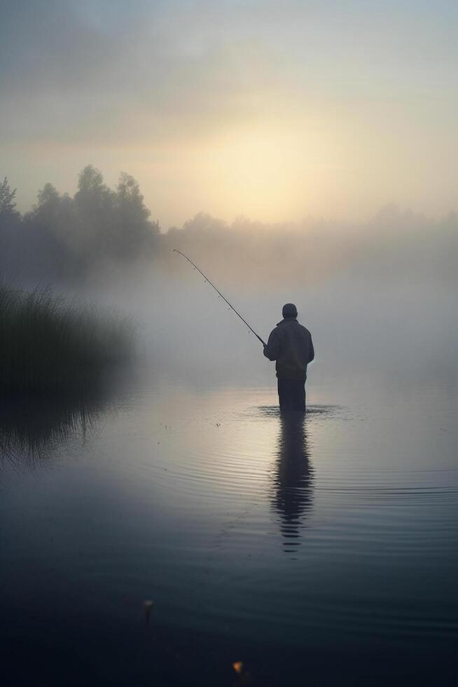 Angeln beim Dämmerung Angler im das neblig See mit Angeln Stange ai generiert foto