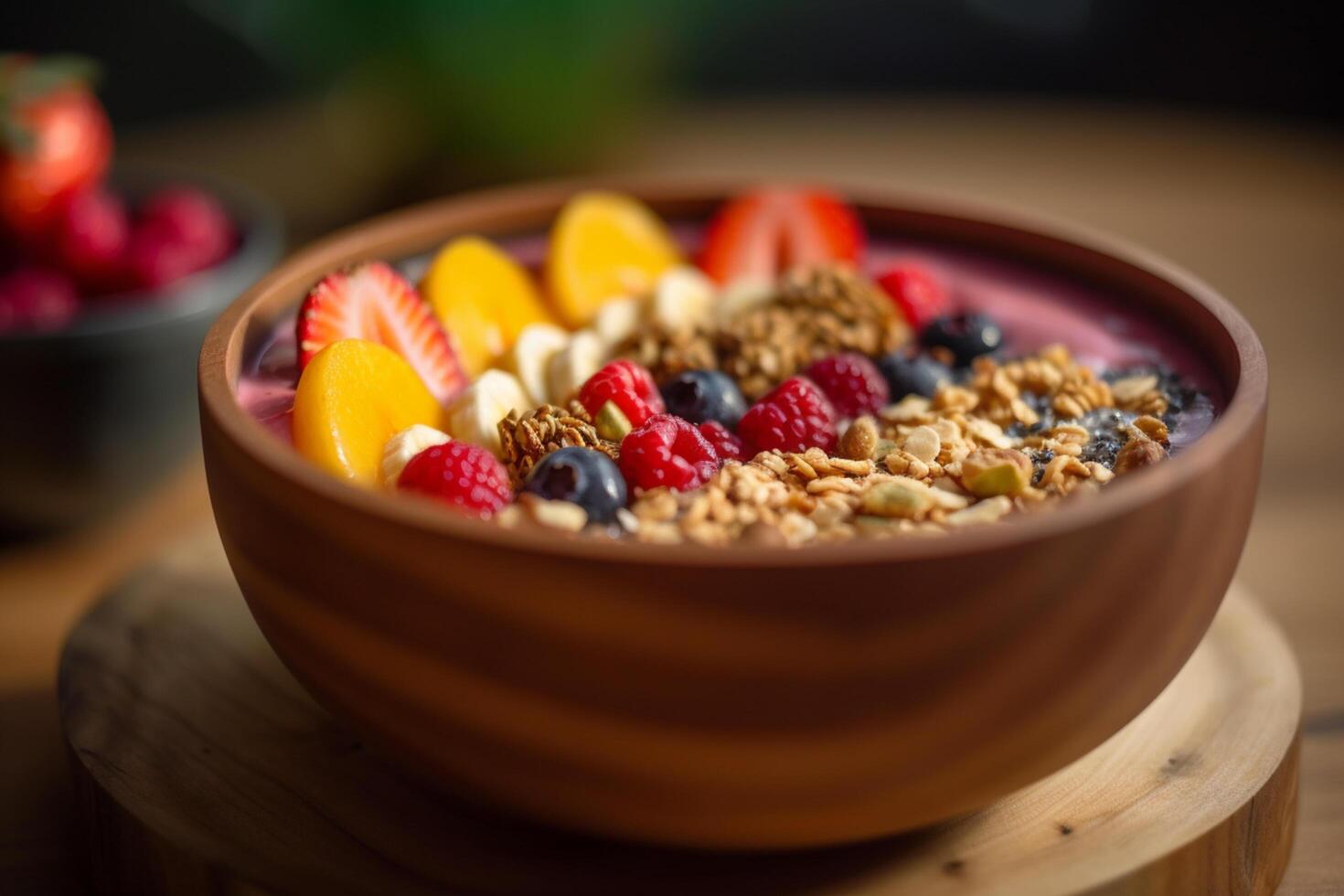 bunt Obst und Granola Schüssel im ein hölzern Schüssel ai generiert foto