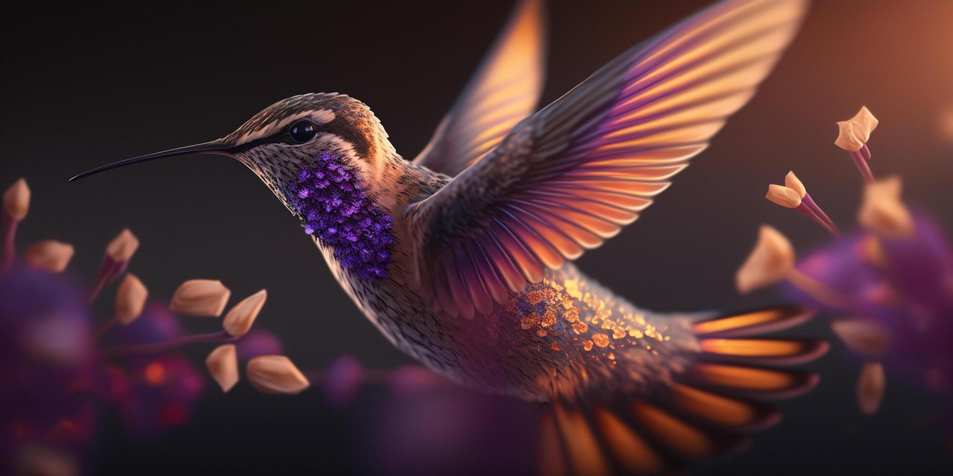 fliegend Kolibri Nahansicht im lila Farbe planen ai generiert Illustration foto