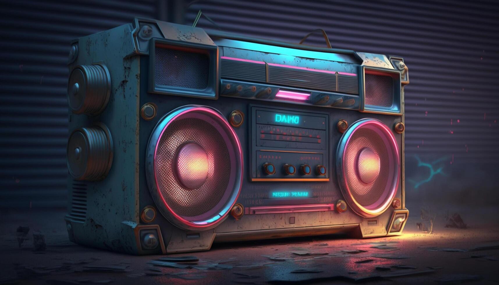 sprengen von das Vergangenheit 80er Jahre Ghetto Blaster im Neon- Farben ai generiert foto