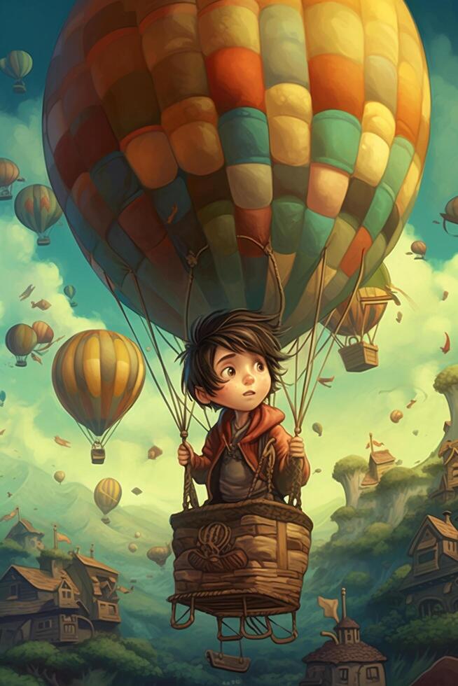 das abenteuerlich Junge erkunden ein magisch mystisch Welt auf ein heiß Luft Ballon Reiten ai generiert foto