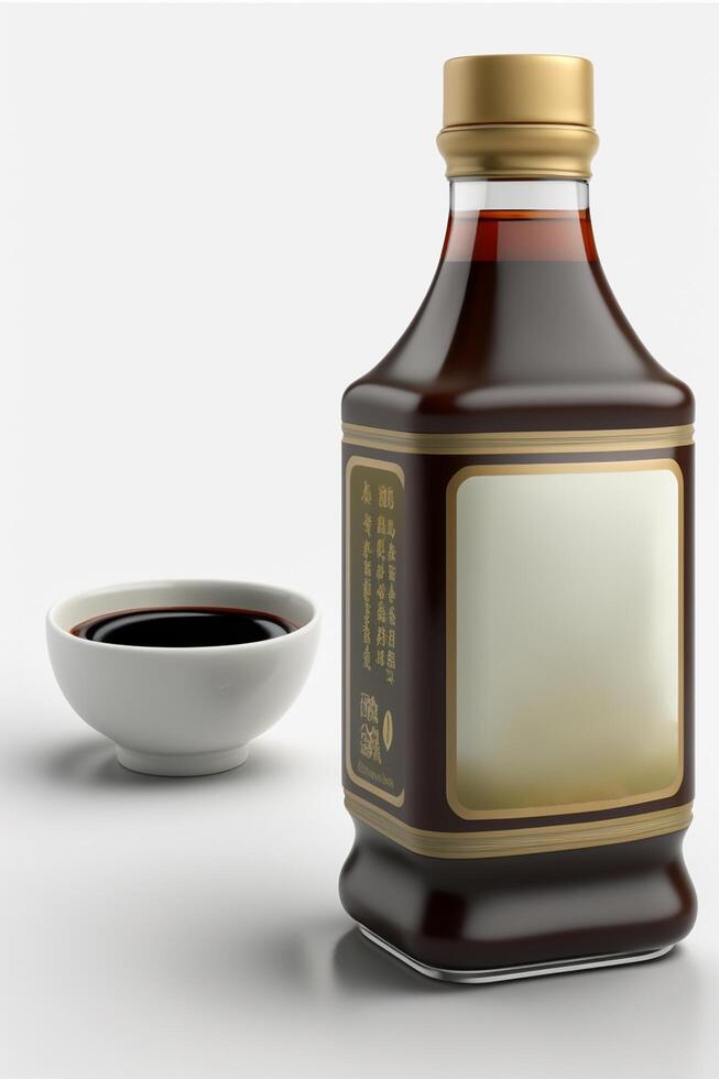 isoliert Chinesisch Soja Soße Flasche auf Weiß Hintergrund mit Betrachtung ai generiert foto