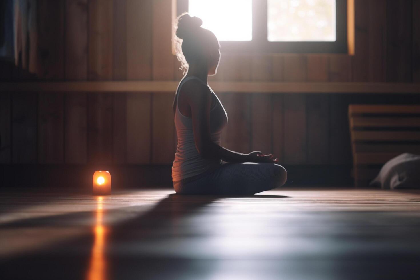 finden Frieden innerhalb Frau meditieren im mit gekreuzten Beinen Yoga Pose ai generiert foto