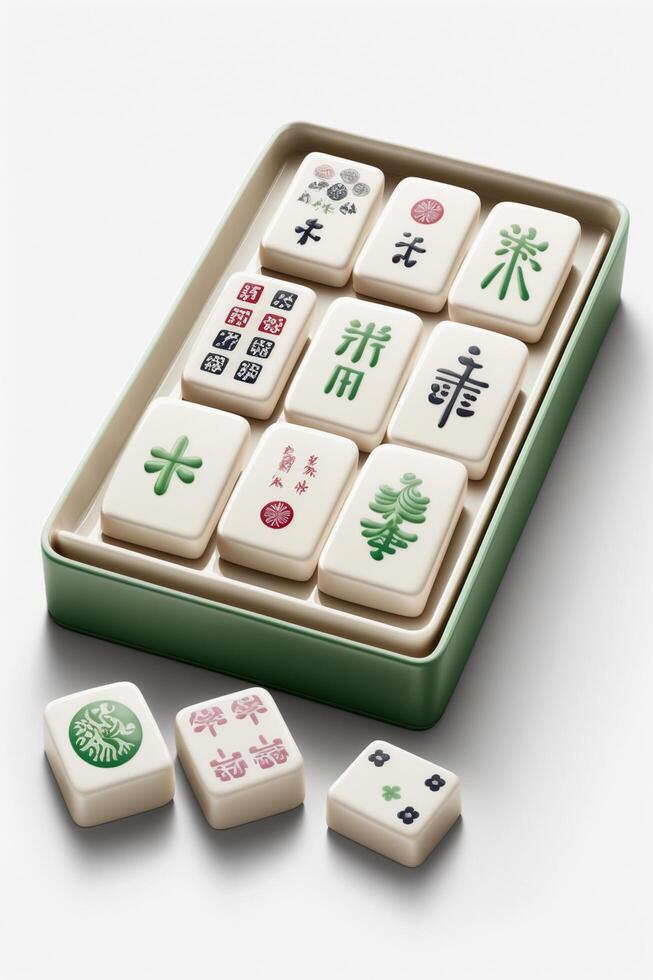 isoliert Chinesisch Mahjong Spiel einstellen auf Weiß Hintergrund mit Bambus Fliesen und Würfel ai generiert foto