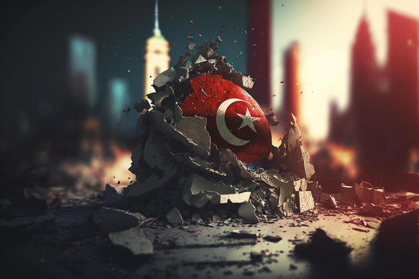 Türkisch Flagge inmitten Erdbeben Schutt - - Symbol von Elastizität und Einheit ai generiert foto