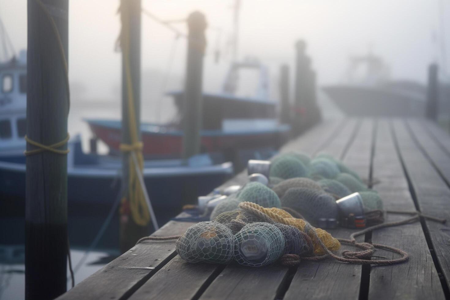 neblig Morgen auf das Seebrücke Angeln Ausrüstung und Boote ai generiert foto