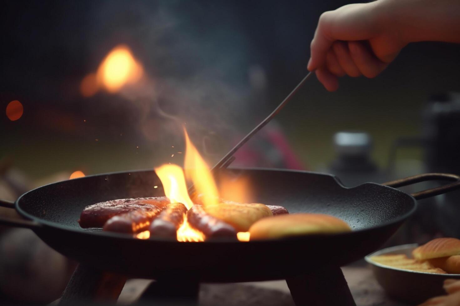 brutzelnd heiß Nahansicht von öffnen Flamme Grill beim Camping Seite? ˅ ai generiert foto