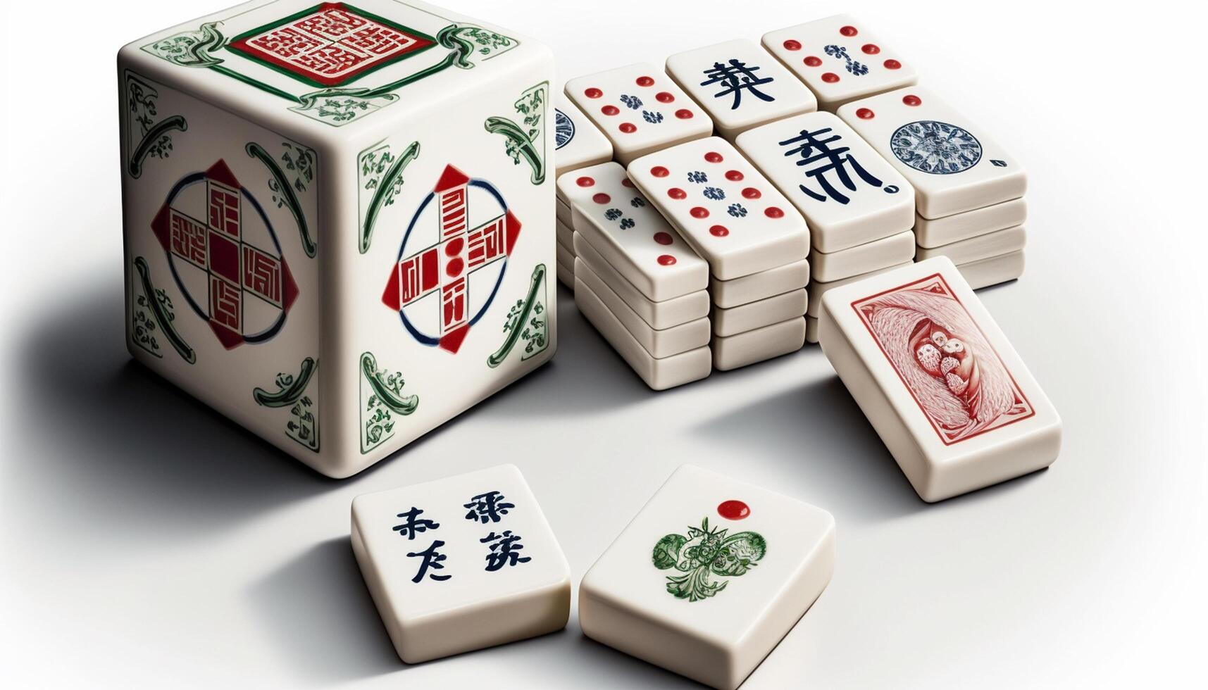 isoliert Chinesisch Mahjong Spiel einstellen auf Weiß Hintergrund mit Bambus Fliesen und Würfel ai generiert foto