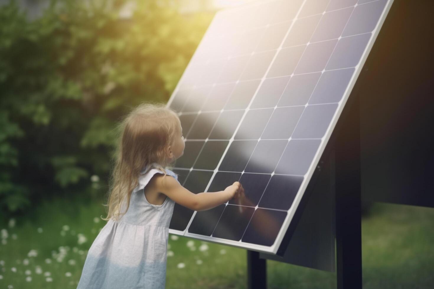 wenig Kind Stehen durch Solar- Panel mit Grün Bokeh Hintergrund und Sonne Strahlen ai generiert foto