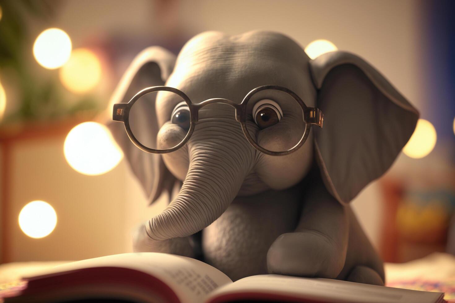 das Bücherwurm Elefant ein süß wenig Elefant lesen ein Buch mit Brille ai generiert foto