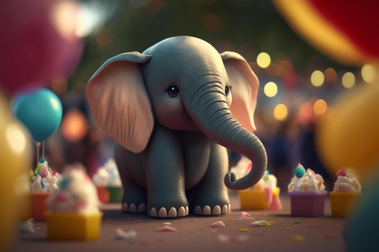 Elefant feiern mit Cupcakes und Luftballons beim ein Party ai generiert foto