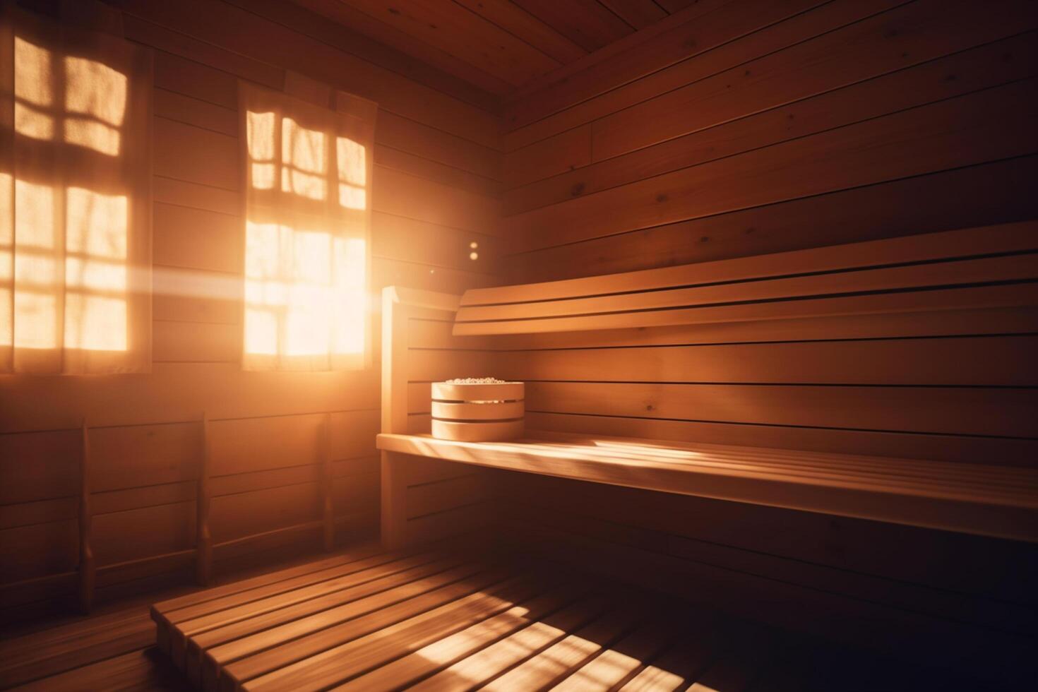 strahlend Sauna ein heiter Flucht mit Sonnenstrahlen und warm Holz ai generiert foto