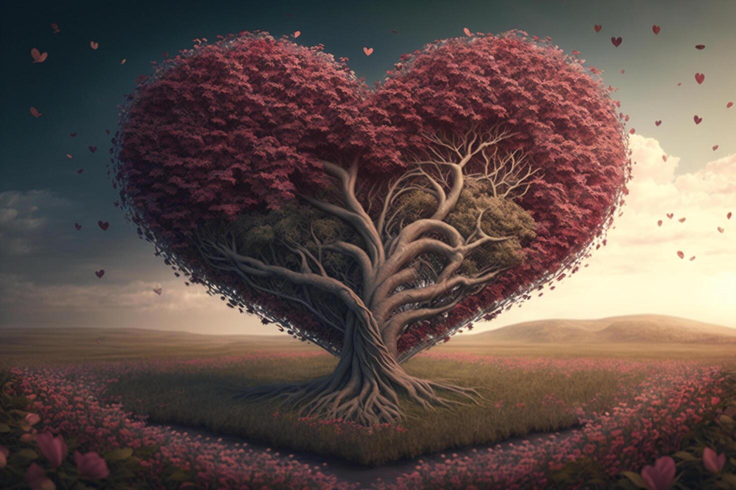 rot blühen Baum im Herz gestalten mit Glück. Valentinstag Rose Baum zum Dekoration romantisch Konzept. ai generiert foto