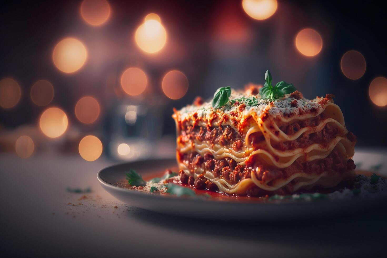 köstlich Italienisch Spezialität Lasagne mit frisch Basilikum und Käse ai generiert foto